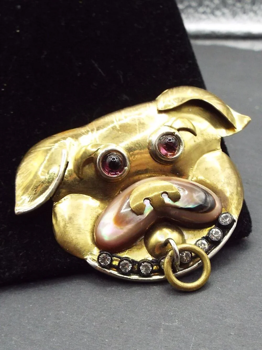 EARLY CARLIN FABRICE PARIS BULLDOG W/ AMETHYST EYES AND ABALONE NOSE PIN 69